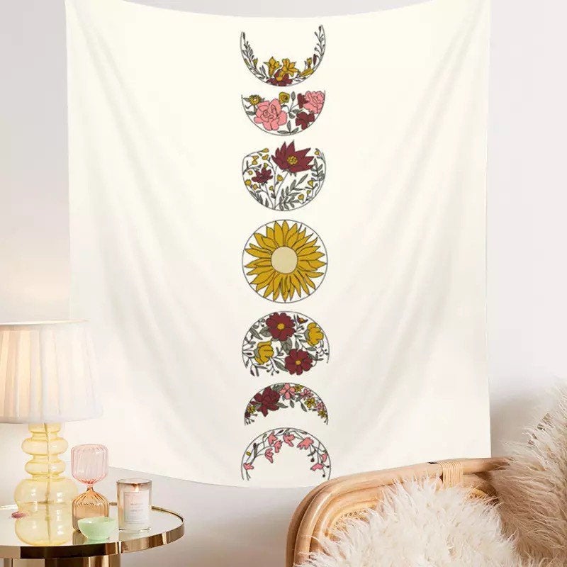 Moon Phase Floral Wall Tapestry Bohemian