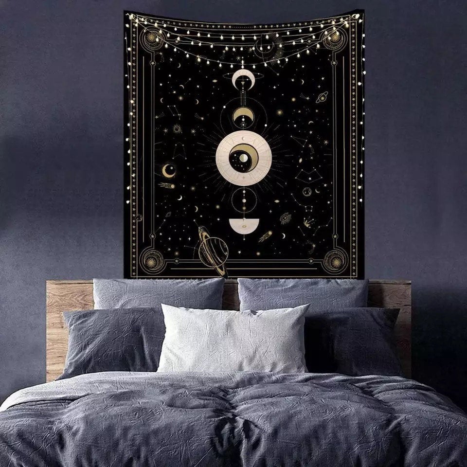 Moon Phase Wall Tapestry Black