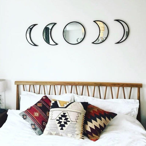 Glass and Pinewood Set of 5 Moon Mirrors