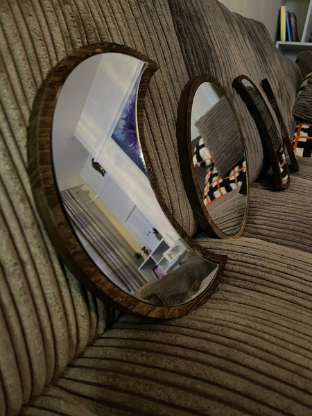 Glass and Pinewood Set of 5 Moon Mirrors